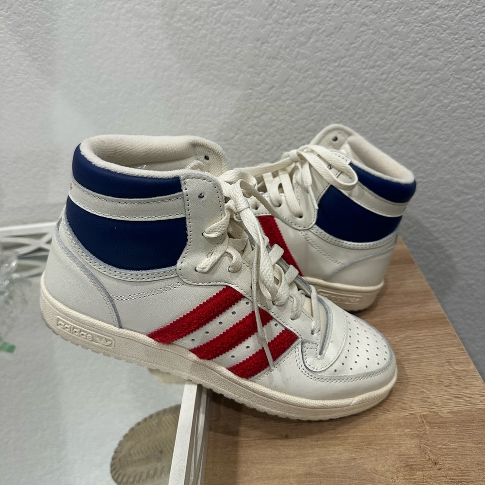 Adidas White Sneakers with Red and Blue Highlights